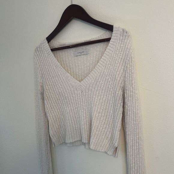 NUDE LUCY Jamie V Neck Knit Cotton Cropped Longsleeve Sweater, Milk- Small - Picture 5 of 6